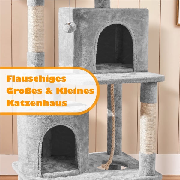 Grauer Katzenkratzbaum mit Spielhaus, Liegeflächen und Sisalstämmen