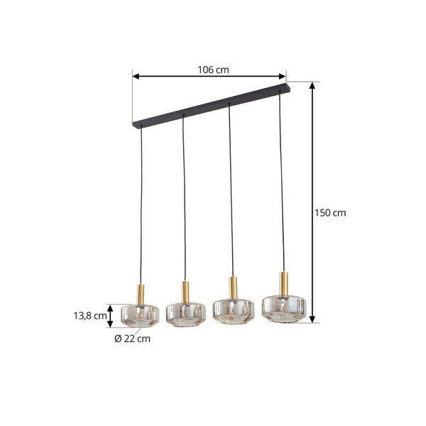 Pendelleuchte vierflammig mit Maßen: Breite 106 Zentimeter, Gesamthöhe 150 Zentimeter, Schirmdurchmesser 22 Zentimeter, Schirmhöhe 13,8 Zentimeter.