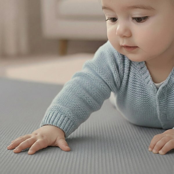 Baby krabbelt auf einer Krabbelmatte.