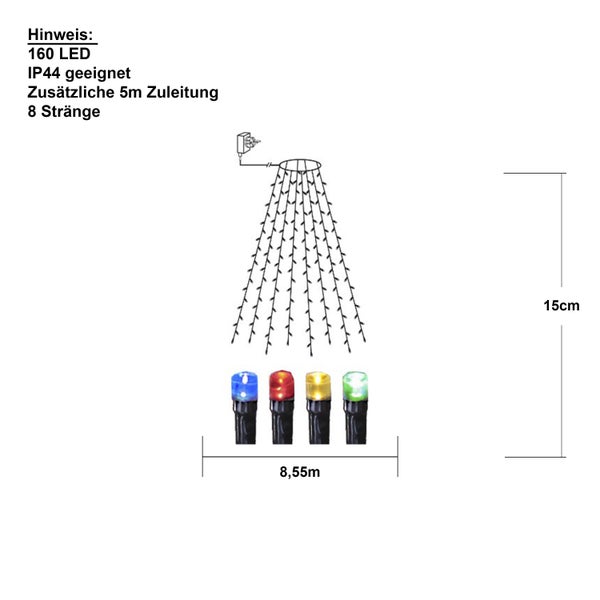 LED-Lichtervorhang mit 160 Leuchtdioden, Schutzart IP44 und acht Strängen