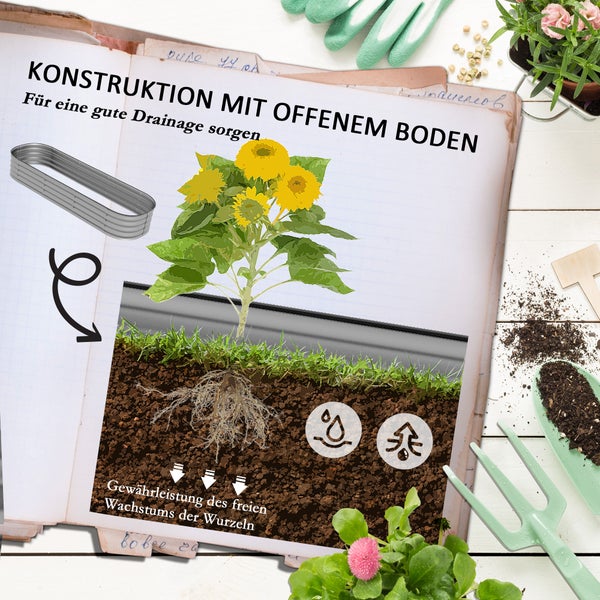 Outsunny Hochbeet Metall, Pflanzkasten, Gemüsebeet, DIY Blumenkasten mit offenem Boden, Kräuterbeet für Garten, Balkon, Silber 195 x 62 x 30 cm