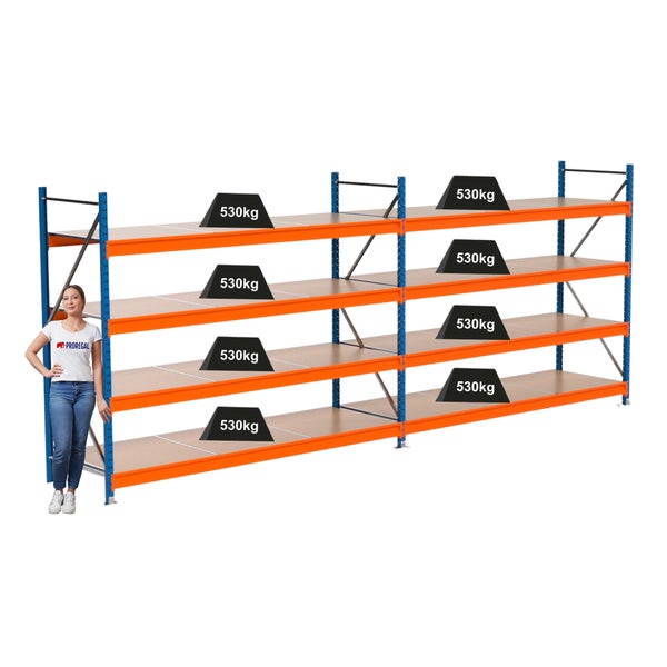 Lagerregal mit mehreren Ebenen und einer maximalen Belastbarkeit von 530 Kilogramm pro Ebene.