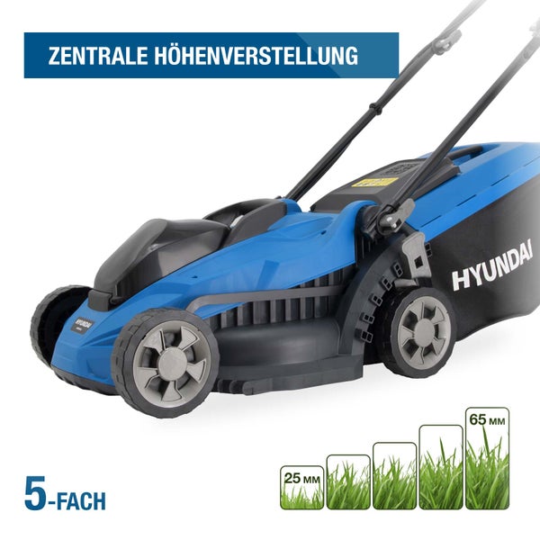 Hyundai Rasenmäher mit fünfstufiger zentraler Höhenverstellung von 25 bis 65 Millimeter.