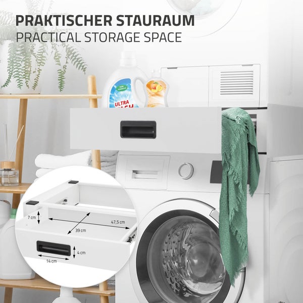 ML-Design Verbindungsrahmen für Waschmaschine und Trockner mit ausziehbarer Schublade, Stahl, 60x55cm, Weiß, rutschfest, Zwischenbausatz Universal Zwischenrahmen Zwischenbaurahmen Trocknersäule