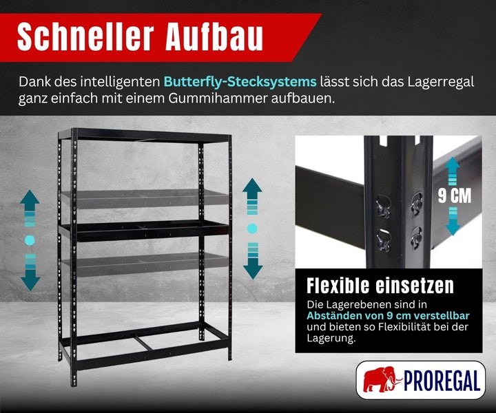 Schwarzes Metall-Lagerregal mit verstellbaren Fachböden in 9 Zentimeter Abständen, Butterfly-Stecksystem für einfachen Aufbau, Proregal Logo.