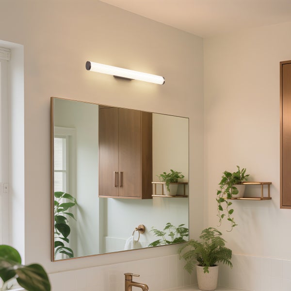 Helles Badezimmer mit Spiegelschrank, Wandleuchte und Pflanzen