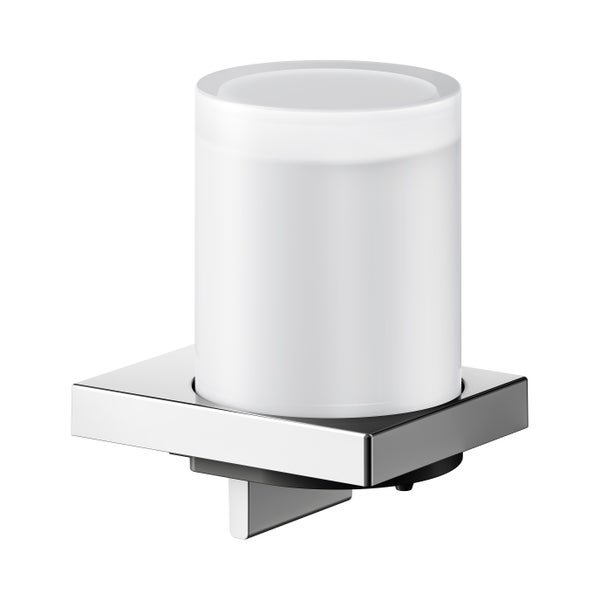 Wand-Zahnputzbecher aus satiniertem Glas mit quadratischer Halterung aus verchromtem Metall zur Wandmontage im Badezimmer.