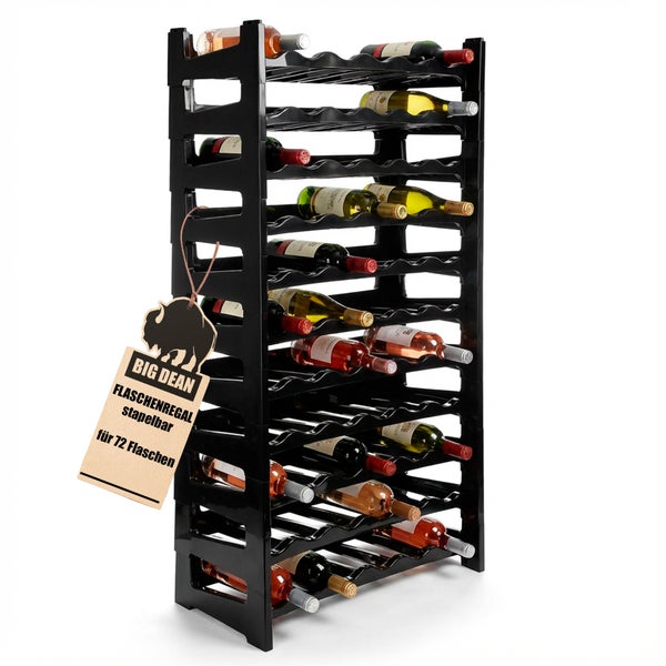 Schwarzes, stapelbares Flaschenregal für 72 Flaschen gefüllt mit Weinflaschen