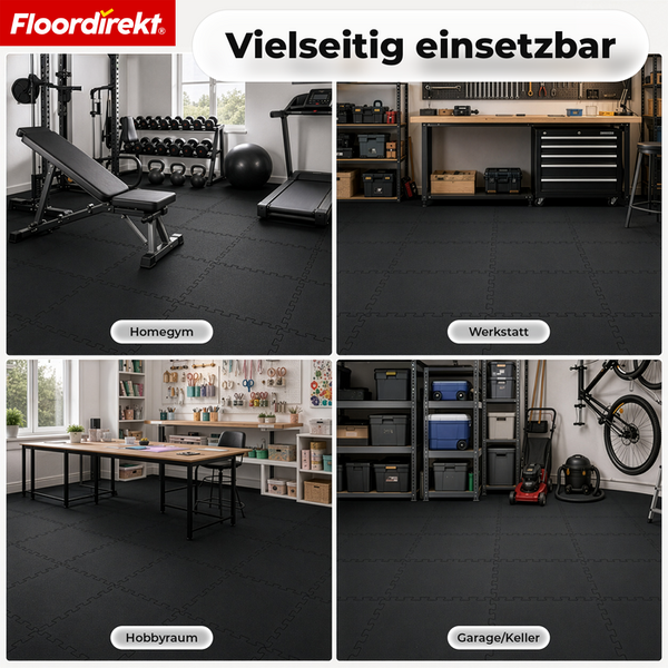Floordirekt Logo. Vielseitige Schutzmatten als Bodenbelag in Fitnessraum, Werkstatt, Hobbyraum, Garage und Keller.