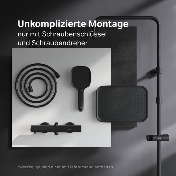 Duschsystem mit Thermostat, Handbrause, Kopfbrause und Brauseschlauch für eine einfache Montage mit Schraubenschlüssel und Schraubendreher.