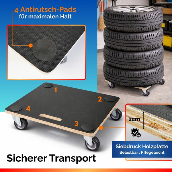 Transportroller aus 2 Zentimeter starker Siebdruck-Holzplatte mit vier Antirutsch-Pads und Lenkrollen. Sicherer Transport von schweren Reifen.