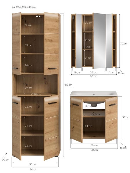 Badezimmermöbel-Set in Holzoptik mit Hochschrank, Spiegelschrank und Waschbeckenunterschrank inklusive detaillierter Maßangaben in Zentimetern.