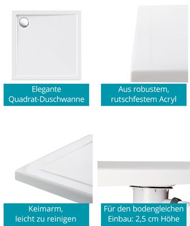 Calmwaters® Duschwannen-Set Modern Select, Flache Acryl-Brausewanne mit Wannenträger und Excenter-Ablaufgarnitur, 80 x 80 x 2,5 cm, Komplettset Acrylwanne, Bodengleicher Einbau, Weiß, 99000119