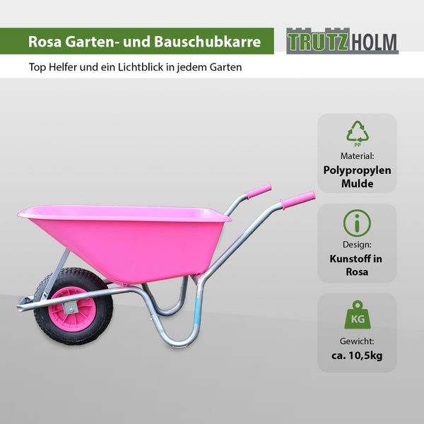 Rosa Garten- und Bauschubkarre von Trutzholm mit Polypropylen Mulde und einem Gewicht von circa 10,5 Kilogramm