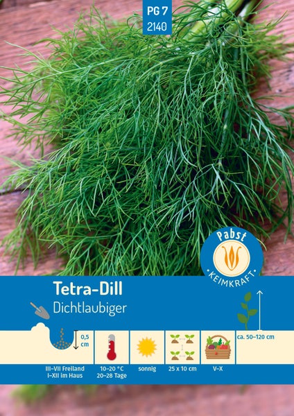 Pabst Keimkraft Logo: Tetra-Dill mit Anbauhinweisen: Aussaat März bis Juli, Saattiefe 0,5 Zentimeter, sonnig, Höhe circa 50 bis 120 Zentimeter.