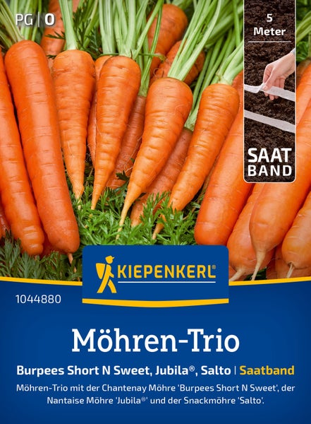 Saatband Möhren Trio mit den Sorten Burpees Short N Sweet Jubila und Salto fünf Meter lang