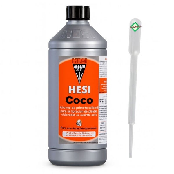 HESI Coco Dünger für Pflanzen auf Kokossubstrat in grauer Kunststoffflasche mit Dosierpipette. HESI Logo. Weedness Logo.