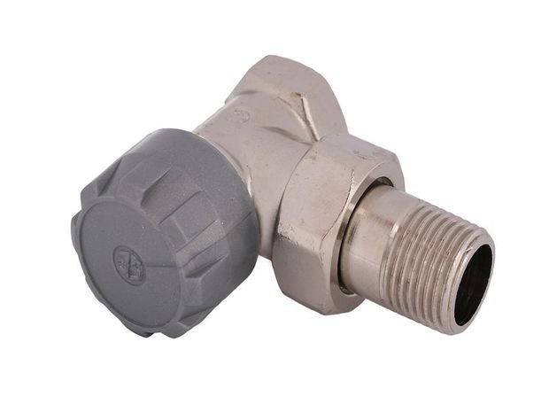 Eck-Heizkörperventil aus Metall mit grauem Handrad aus Kunststoff zur manuellen Regulierung der Heizung.