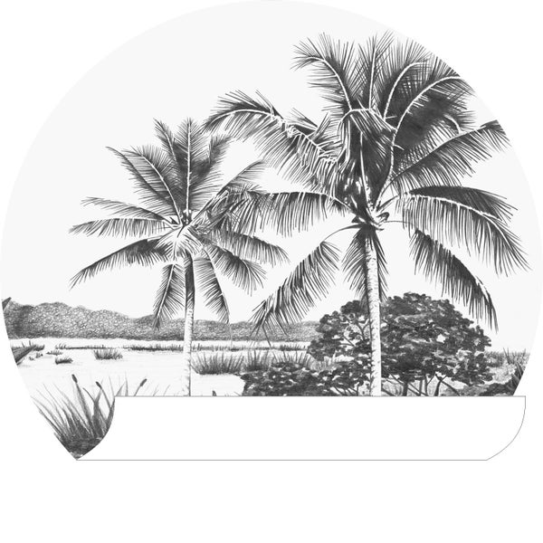 Schwarz-Weiß-Zeichnung von zwei Palmen vor einer Sumpflandschaft