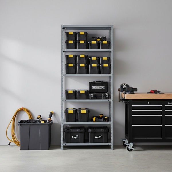 Organisierter Werkstattbereich mit einem Metallregal voller Aufbewahrungsboxen, einer fahrbaren Werkbank mit Schraubstock und einer Werkzeugkiste.