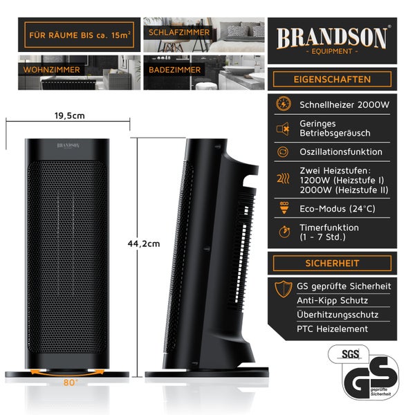 Brandson Heizlüfter 2000W, Keramik Heizlüfter mit Timer & Fernbedienung, 80° Oszillation, Überhitzungsschutz, Automatische Abschaltung, Umkippschutz