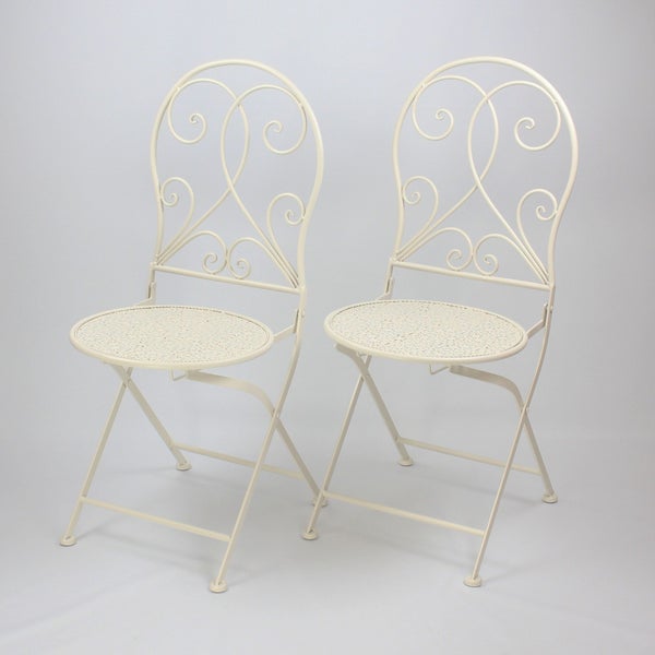 FRANK FLECHTWAREN | Bistro-Set White Romance, 3tlg., METALL, Stuhl 40 x 43 x 93 cm, Sitzhöhe 45 cm, platzsparend zusammenklappbar, Tisch Ø 60 x 70 cm