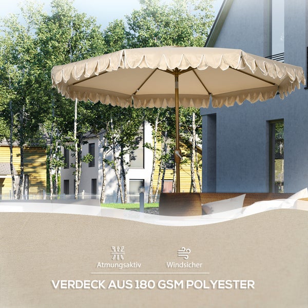 Outsunny Sonnenschirm mit verstellbarer Neigung, Strandschirm mit Fransen, 8 Streben, für Garten, Balkon, Ø264 cm, Polyester, Stahl, Khaki