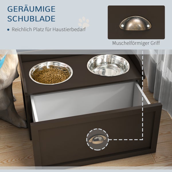 Futternapf-Station aus Holz mit zwei Edelstahlnäpfen und einer großen, offenen Schublade mit Muschelgriff für Tierbedarf.