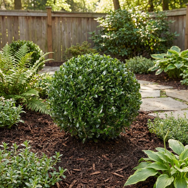 Kugelförmiger Buchsbaum in einem Gartenbeet mit Rindenmulch, umgeben von Farnen und anderen Stauden vor einem Holzzaun.