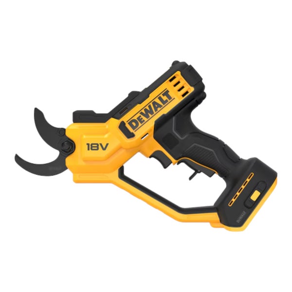 DeWalt 18 Volt Akku-Gartenschere in Gelb und Schwarz mit Bypass-Klinge und ergonomischem Griff.