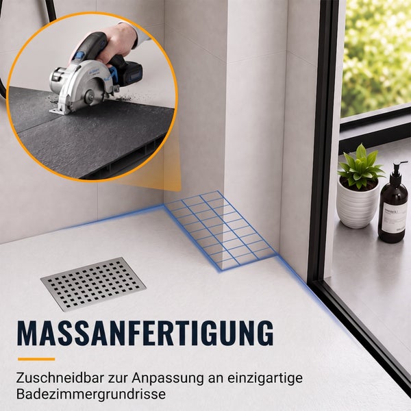 Duschwanne für individuelle Massanfertigung, zuschneidbar zur Anpassung an Badezimmergrundrisse mit eingebautem Duschablauf.