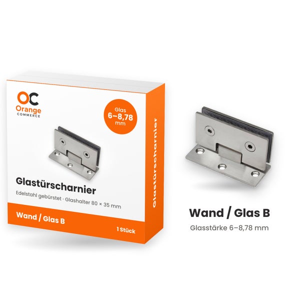 Orange Commerce Glastürscharnier Wand zu Glas aus gebürstetem Edelstahl für Glasstärken von 6 bis 8,78 Millimeter inklusive Produktverpackung.
