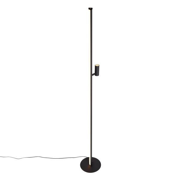 Moderne schwarze LED-Stehleuchte aus Metall mit schmalem Lichtstab und zusätzlichem Lesespot.