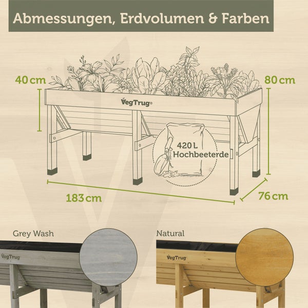 VegTrug Hochbeet: Länge 183, Breite 76, Höhe 80, Tiefe 40 Zentimeter. Erdvolumen 420 Liter. Farben Grey Wash und Natur.