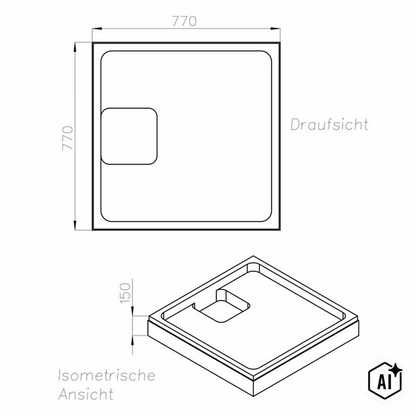 Technische Zeichnung einer quadratischen Duschwanne mit Maßen 770 mal 770 mal 150 Millimeter in Draufsicht und isometrischer Ansicht