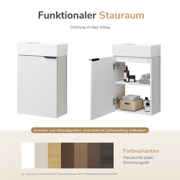 Waschtischunterschrank mit einer Tür und Ablagefach, inklusive Waschbecken, ohne Armatur und Ablaufgarnitur, verschiedene Farbvarianten verfügbar.