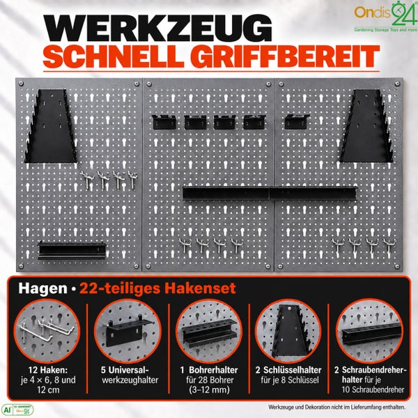 Wand-Werkzeughalter-Set aus Metall mit Lochplatte, 22-teiligem Hakensortiment, Bohrer-, Schlüssel- und Schraubendreherhaltern zur Werkstattordnung.