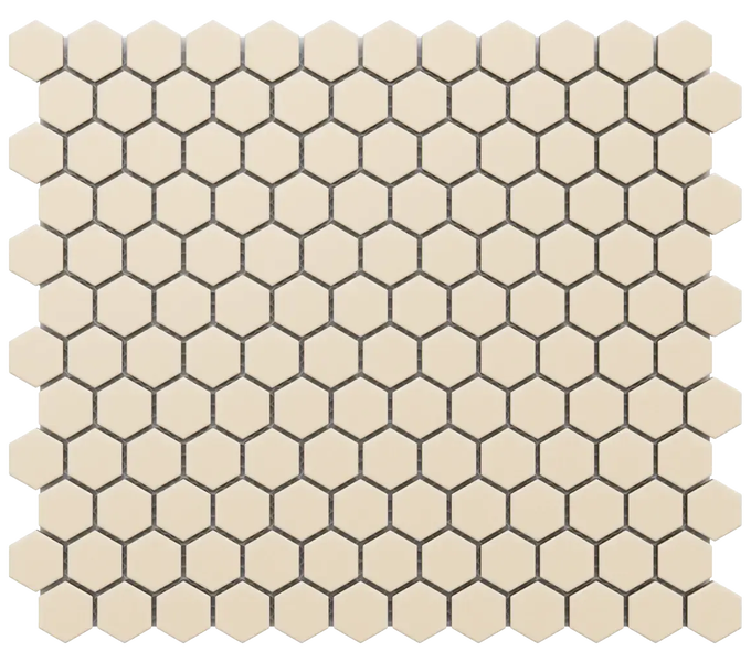 Beige sechseckige Mosaikfliesen aus Keramik für Wand und Boden im Wabenmuster.