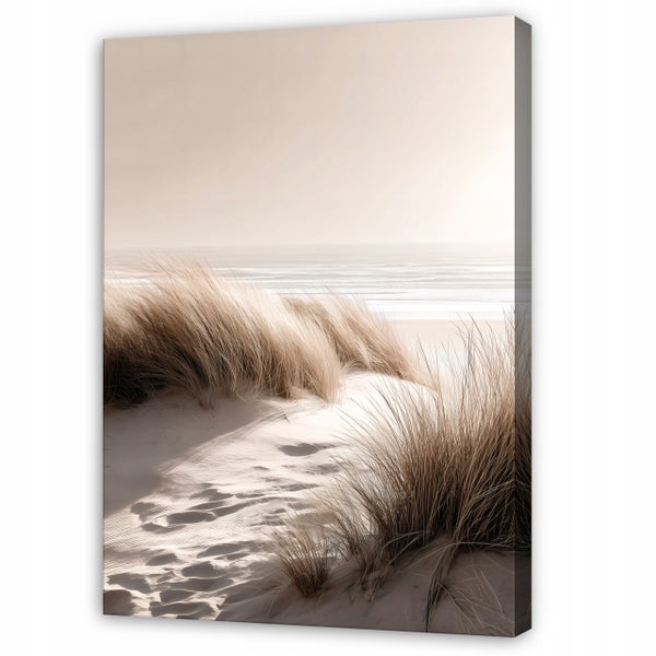 Wandbild mit Motiv von Sanddünen am Strand, hochwertiger Leinwanddruck im Hochformat zur dekorativen Wandgestaltung.