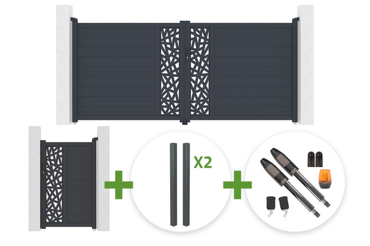 Doppelflügeltor und Gartentor Set mit Pfosten und elektrischem Torantrieb, modernes Design mit geometrischem Dekor.