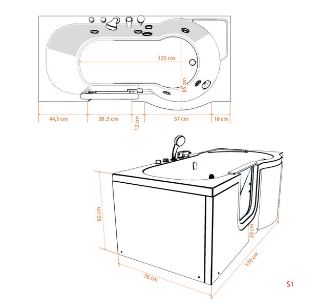 Technische Zeichnung einer Badewanne mit Tür und Maßen.