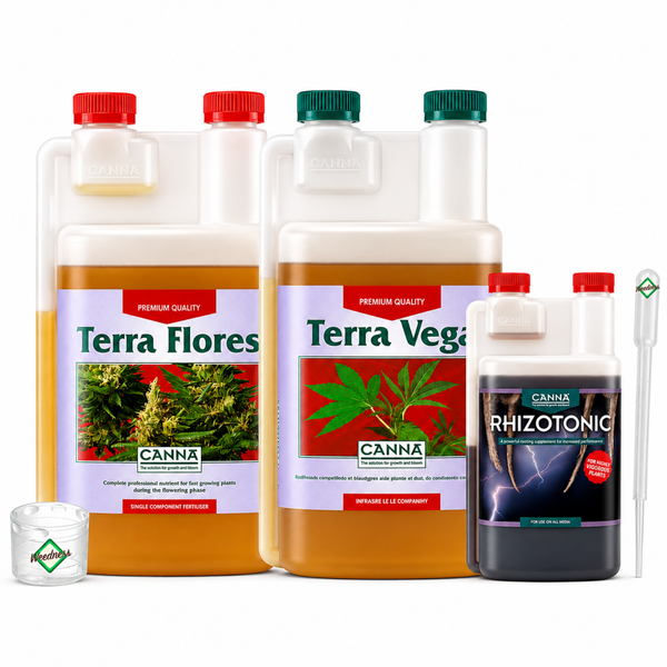 Canna Pflanzennahrung Set bestehend aus Terra Flores, Terra Vega und Rhizotonic mit Messbecher und Pipette für Wachstum und Blüte