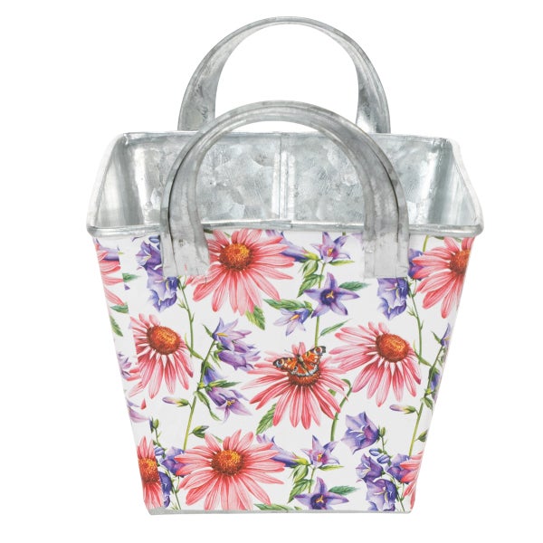 Dekorativer quadratischer Metallübertopf mit zwei Henkeln und floralem Muster mit Blumen und Schmetterling.