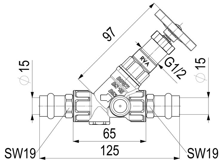 Technische Zeichnung eines Schrägsitzventils mit Maßen: 125 Millimeter Gesamtlänge, 15 Millimeter Durchmesser und G 1/2 Zoll Gewinde.