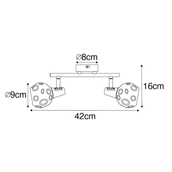 Technische Zeichnung einer Deckenleuchte mit zwei Strahlern und den Maßen 42 cm Breite, 16 cm Höhe und 9 cm Durchmesser.