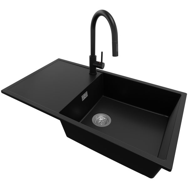 PRIMAGRAN Granitspüle Schwarz 90x50cm, Spülbecken 1 Becken + Küchenarmatur 40x20cm + Ablauf-Set, Küchenspüle ab 60er Unterschrank - Ibiza