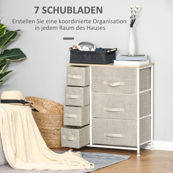 HOMCOM Schubladenschrank Aufbewahrungsschrank mit faltbaren 7 Stoffschubladen Metallgestell + Holz + Vliesstoff Hellgrau 63,5 x 30 x 71 cm
