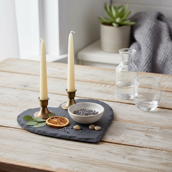 Herzförmige Schieferplatte auf einem Holztisch, dekoriert mit zwei Messing-Kerzenhaltern, einer Schale mit getrockneten Blüten und einer Orangenscheibe.