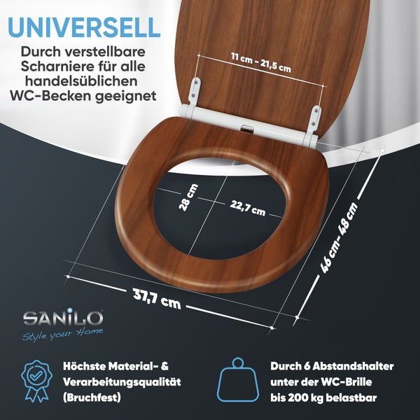 Sanilo Logo. Bruchfester WC-Sitz, Holzoptik. Breite 37,7 Zentimeter, Länge 46 bis 48 Zentimeter, Scharniere 11 bis 21,5 Zentimeter. 200 Kilogramm.