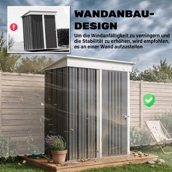Metall-Geräteschuppen mit Pultdach, Darstellung der empfohlenen Wandmontage für höhere Stabilität im Vergleich zur freistehenden Aufstellung.